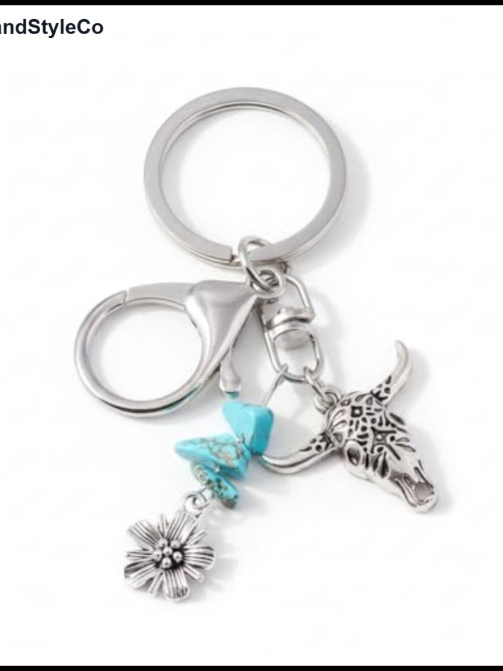 Western Engraved Cow Skull Keychain Daisy Turquoise Chips Bag Charm